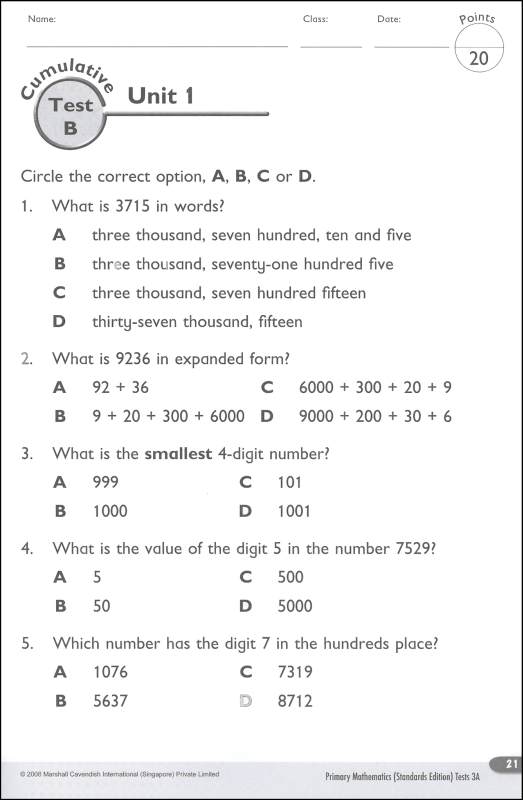 Primary Mathematics Tests 3a Standards Edition Marshall Cavendish 9780761470113