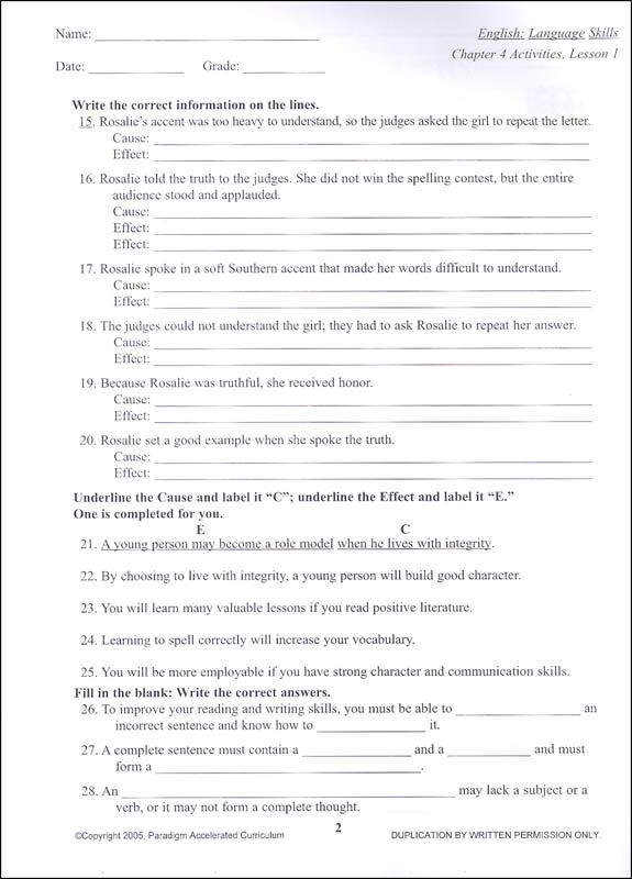 English I: Language Skills Chapter 4 Activities | Paradigm Accelerated ...