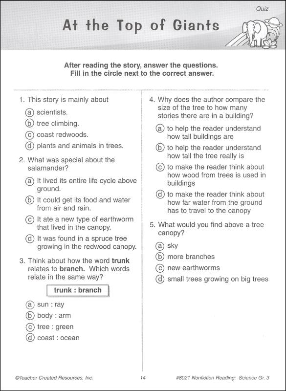 Nonfiction Reading Comprehension Science Grade 3 Teacher Created