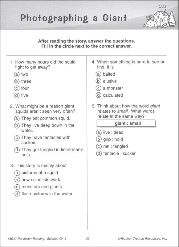 nonfiction reading comprehension science grade 4