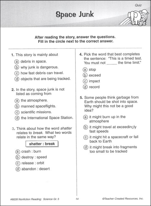 nonfiction reading comprehension science grade 5 teacher created