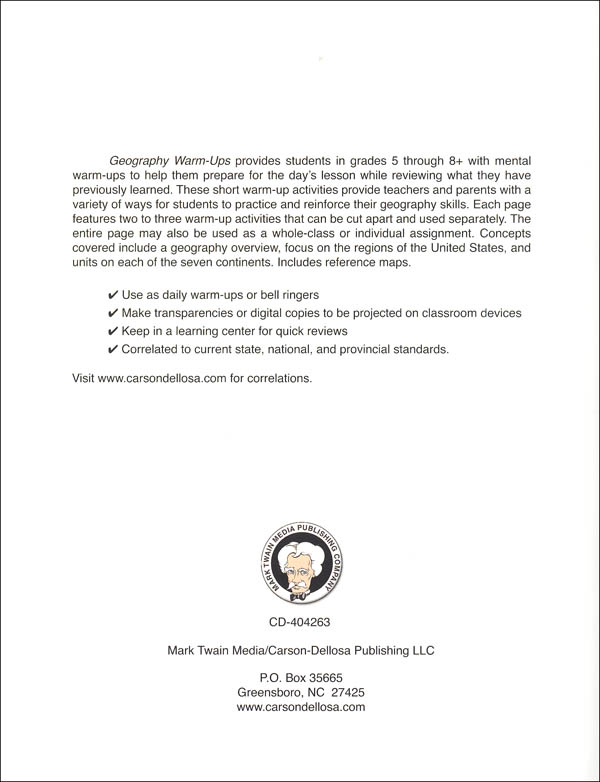 Geography WarmUps Grades 58+ Mark Twain Media 9781622236428