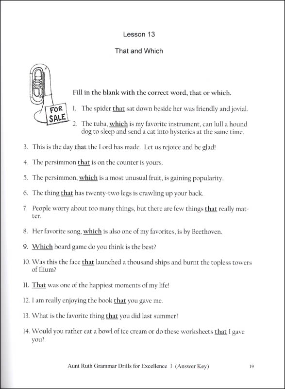 Aunt Ruth Grammar Drills for Excellence I Answer Key | Gennesaret Press