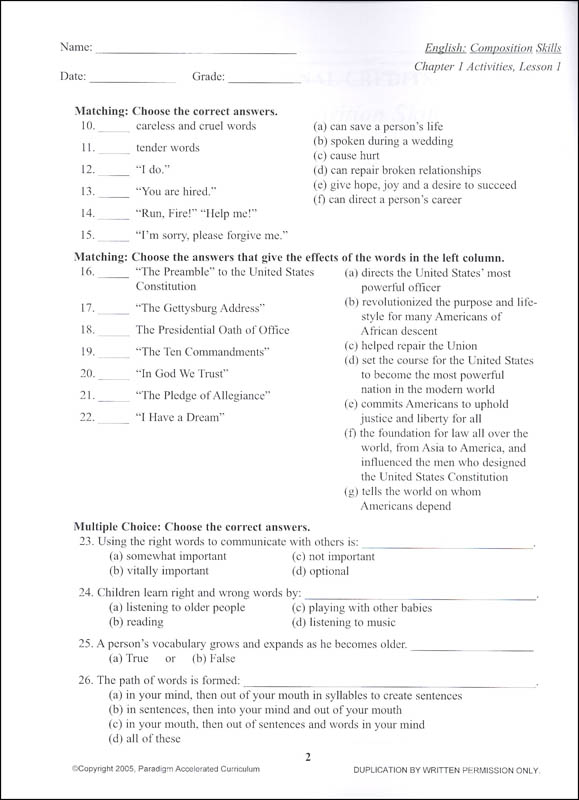 English II Composition Skills Chapter 1 Activities Paradigm