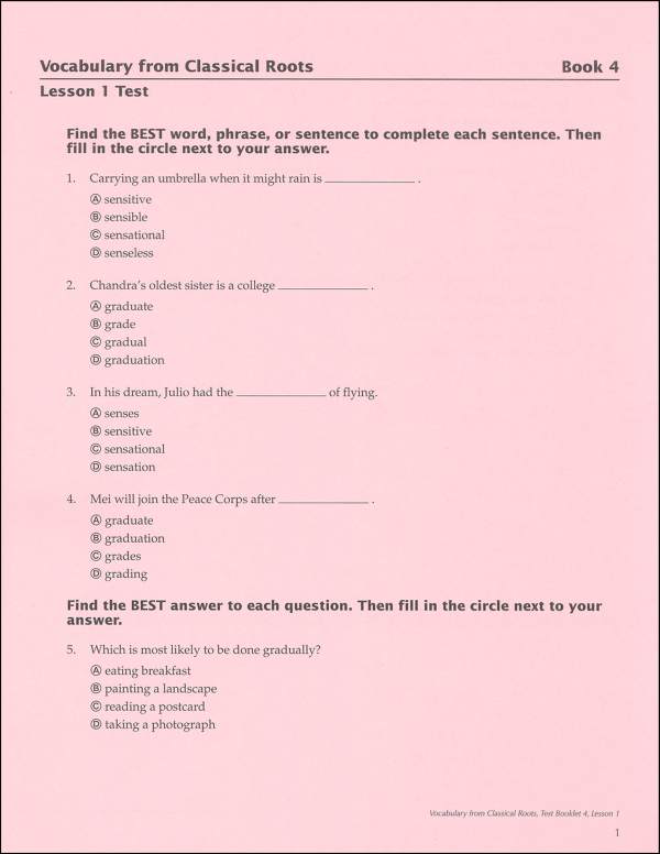 Vocabulary From Classical Roots 4 Single Non-Reproducible Test ...