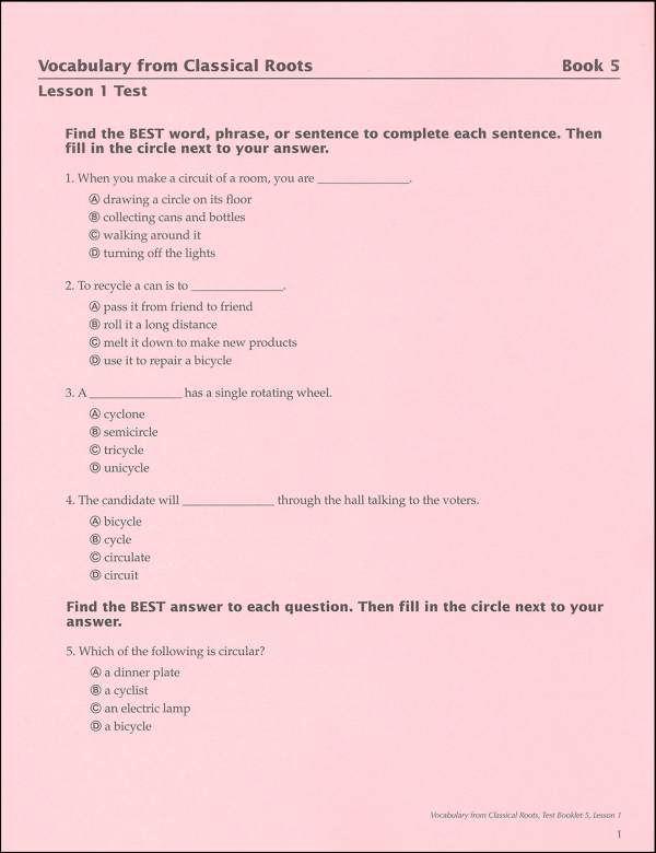 Vocabulary From Classical Roots 5 Single Non-Reproducible Test ...