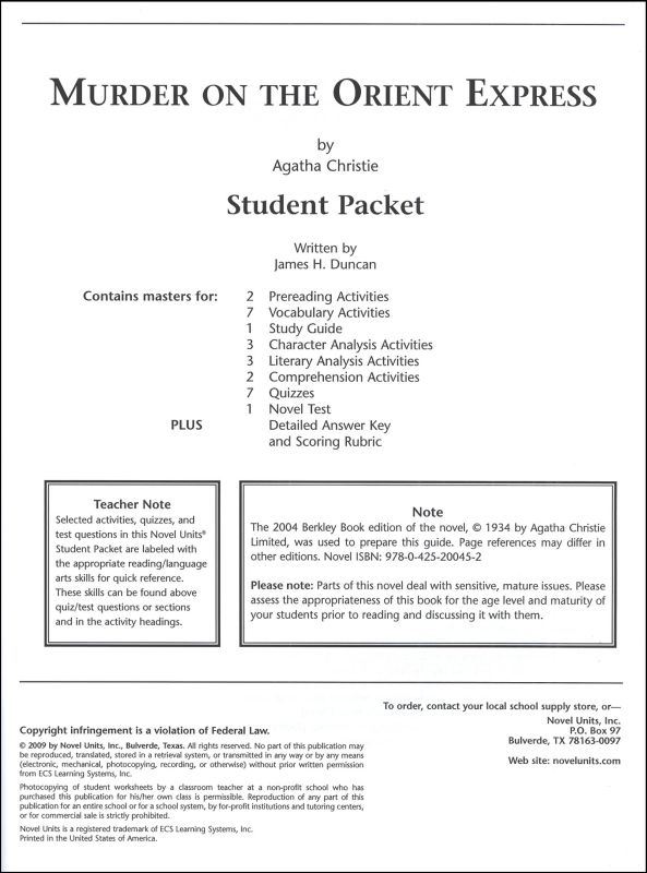 Murder On The Orient Express Student Pack | Novel Units | 9781561375653