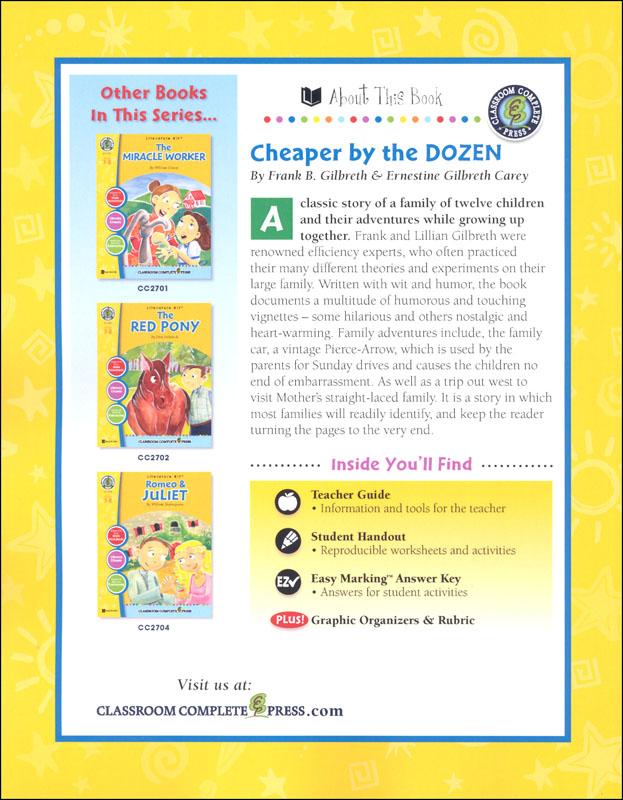 Cheaper by the Dozen Literature Kit (Novel Study Guides) | Classroom ...