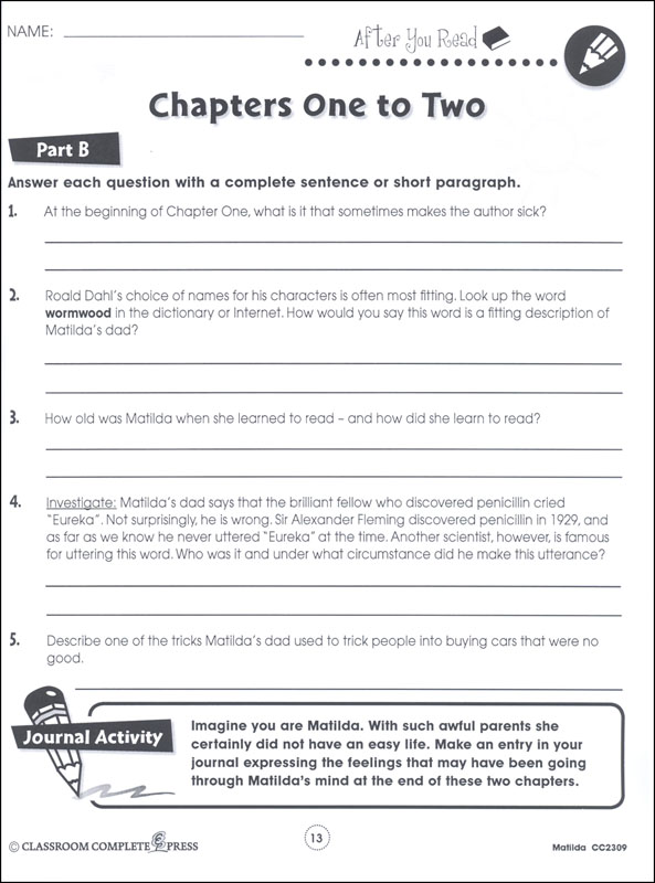 Matilda Literature Kit (Novel Study Guides) | Classroom Complete Press ...