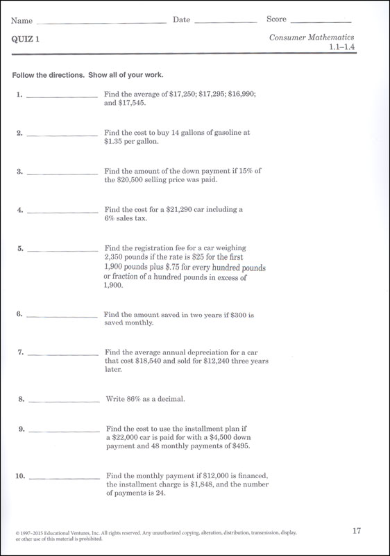 Consumer Mathematics Test And Quiz Book | A Beka Book