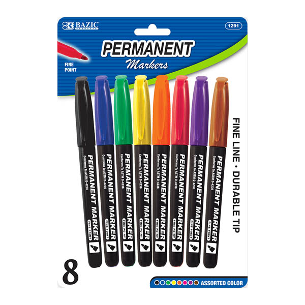 Permanent Markers Fine Tip (8/Pack) assorted colors Bazic Products