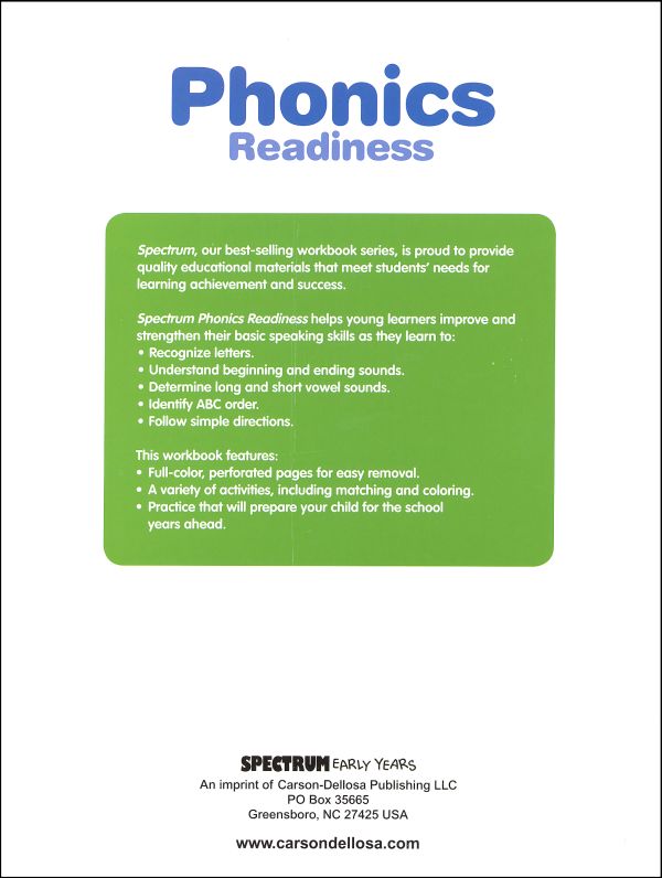 Spectrum Phonics Readiness CarsonDellosa 9781609962043