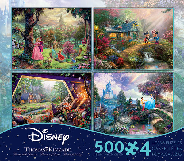 Cinderella, Mickey Mouse, Sleeping Beauty,& Snow White 4-in-1, 500 Piece Puzzles (Thomas Kinkade Disney Collection)