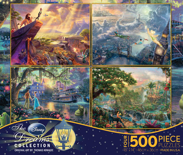 Jungle Book, Lion King, Princess & the Frog, & Tinker Bell & Peter Pan 4-in-1, 500 Piece Puzzles (Thomas Kinkade Disney 