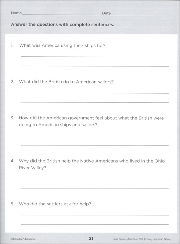 Daily Literacy Activities: 19th Century American History | Remedia