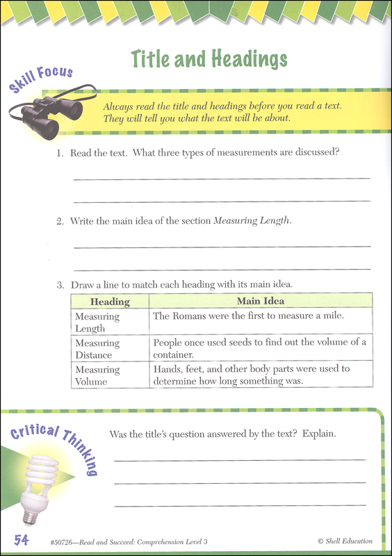 Read and Succeed Comprehension Grade 3 Shell Education 9781425807269