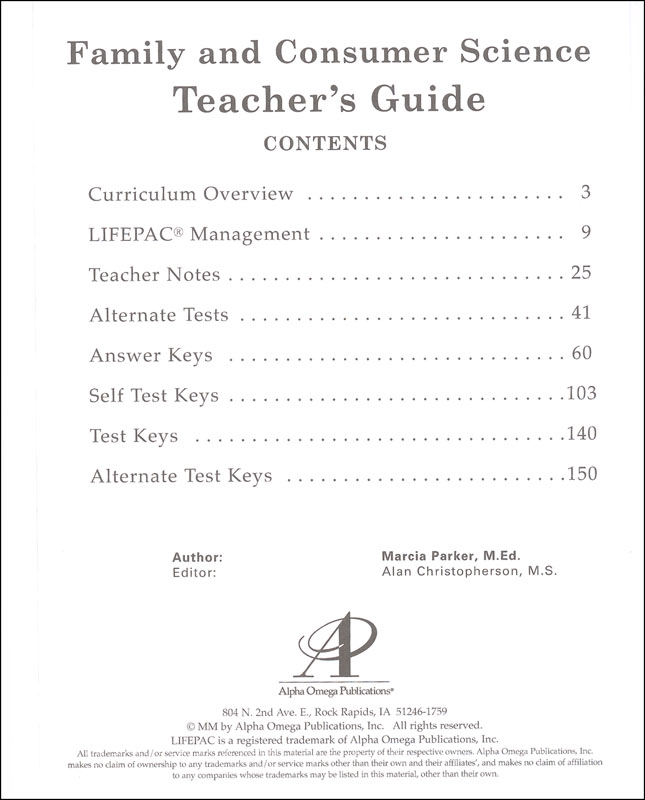 Family And Consumer Science Lifepac Teacher's Guide | Alpha Omega ...