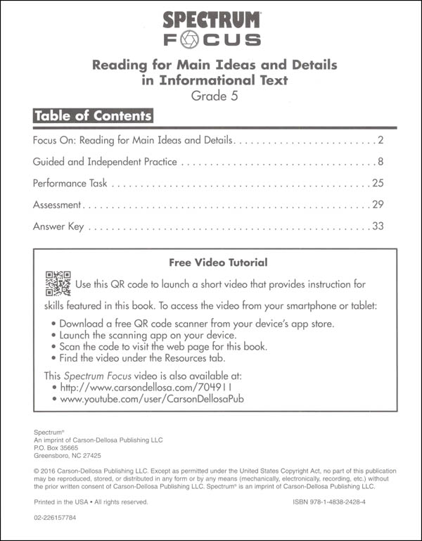 Reading For Main Ideas And Details In Informative Text Grade 5 