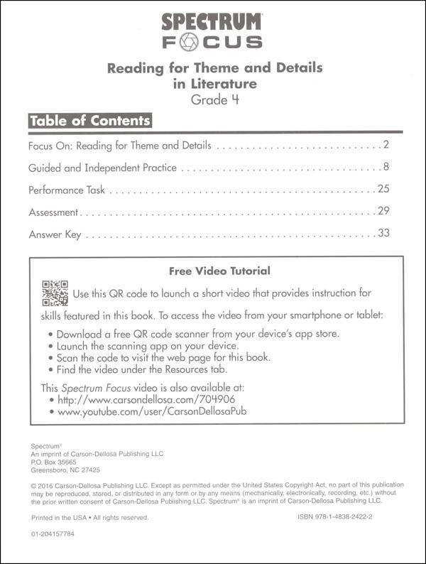 Spectrum Reading for Theme and Details in Literature, Grade 4 - CD-704906