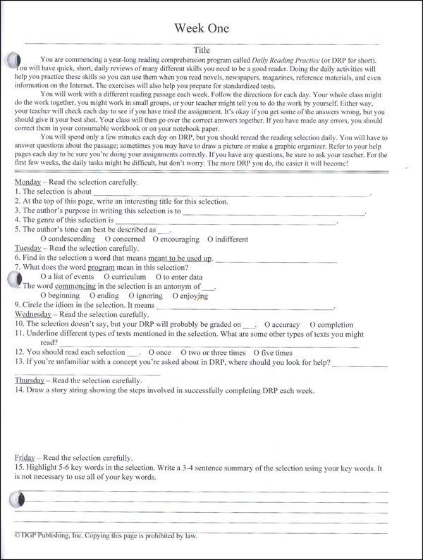 Daily Reading Practice Student Workbook Grade 10 | DGP Publishing