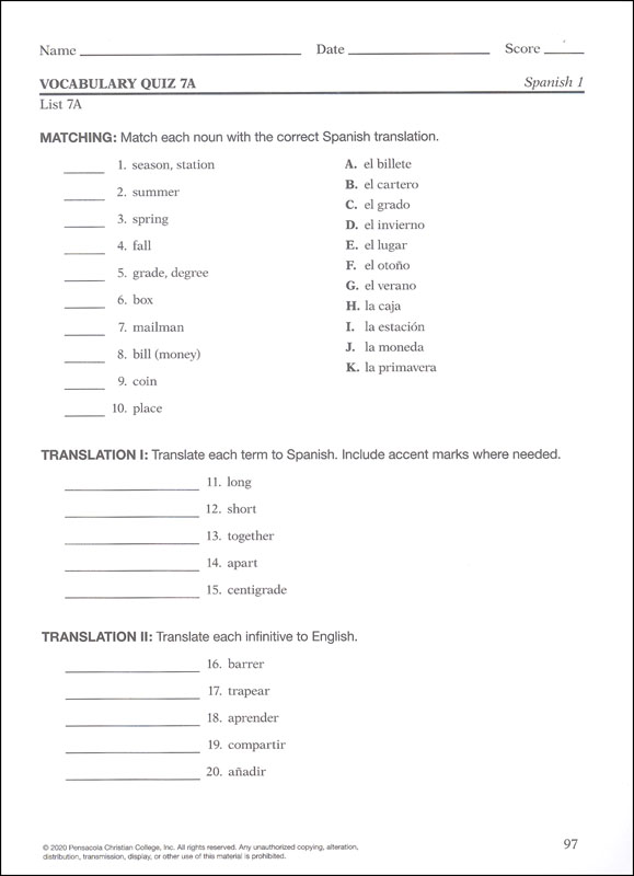 Spanish 1 Quiz And Test Book Volume 2 A Beka Book