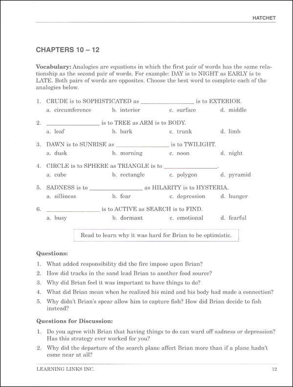 Hatchet Novel Ties Study Guide Learning Links 9780881224139