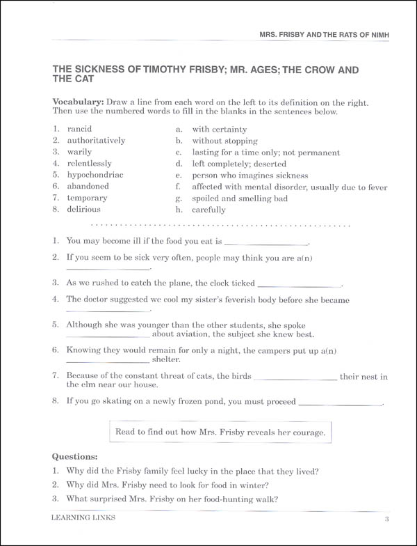Mrs. Frisby and the Rats of NIMH Novel-Ties Study Guide | Learning ...