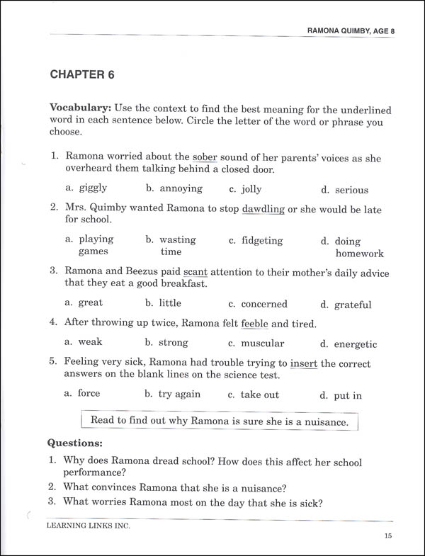 Ramona Quimby Age 8 Novel Ties Study Guide Learning Links 9780881229080