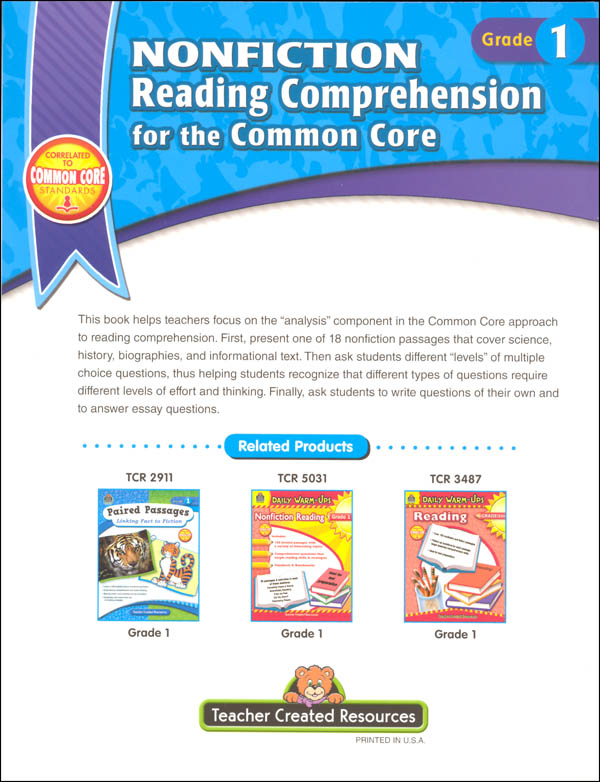 Nonfiction Reading Comprehension for the Common Core Grade 1 | Teacher