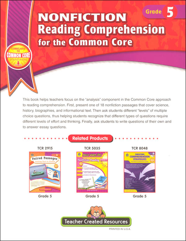 Nonfiction Reading Comprehension for the Common Core Grade 5 Teacher