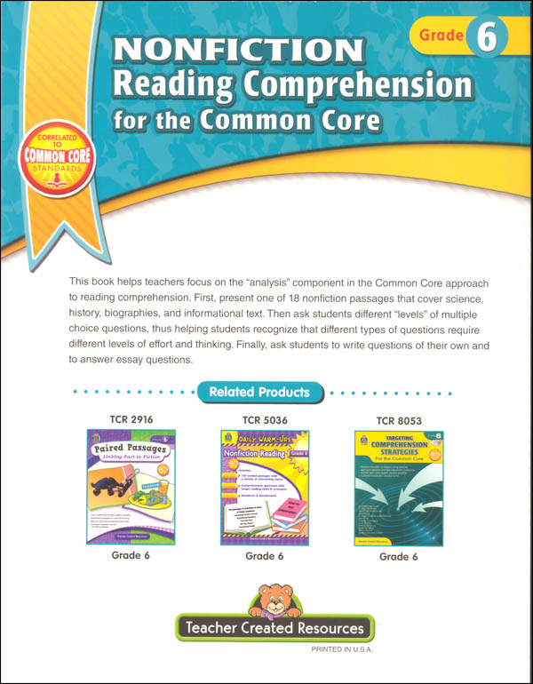 Nonfiction Reading Comprehension for the Common Core Grade 6 | Teacher