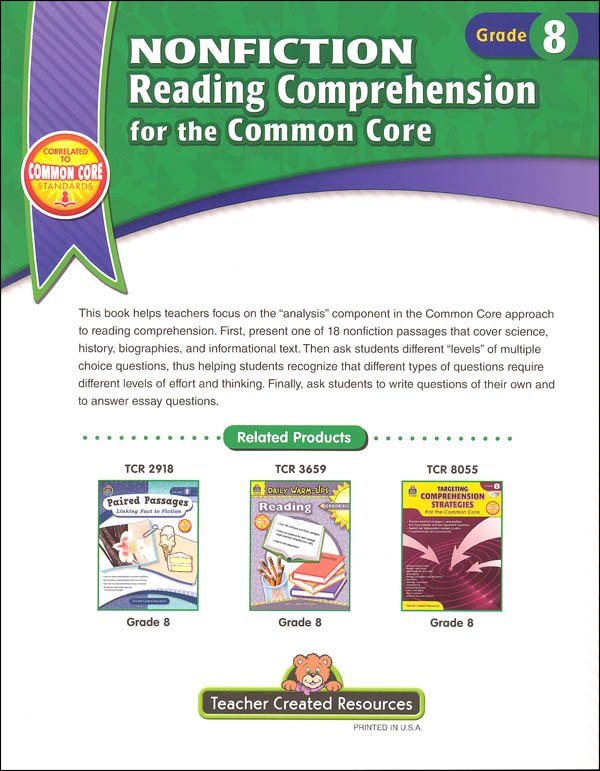 Nonfiction Reading Comprehension for the Common Core Grade 8 | Teacher