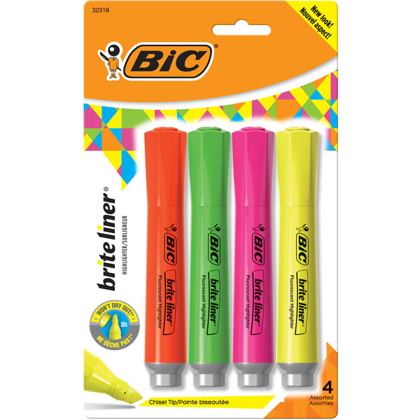 BIC Brite Liner Grip Highlighter 4 pack Chisel Tip (assorted colors) | Bic |