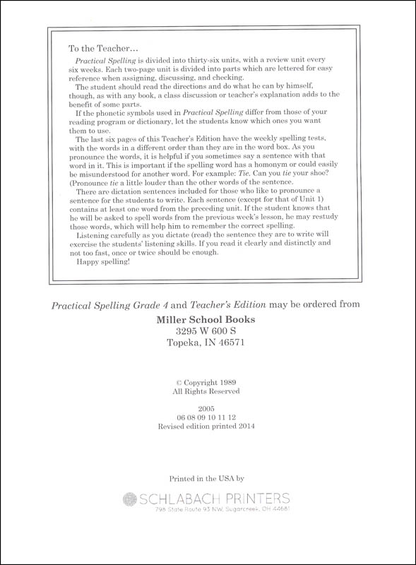 Practical Spelling Teacher's Edition Grade 4 Miller School Books