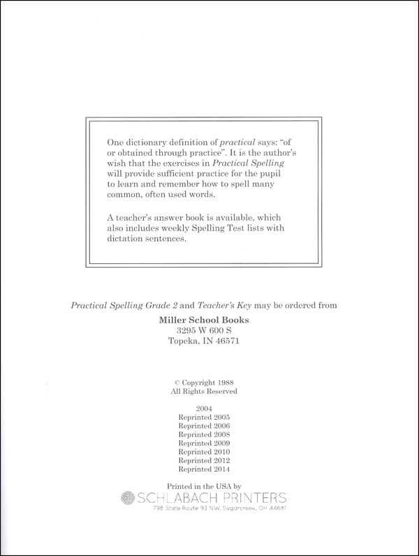 Practical Spelling Workbook Grade 2 Miller School Books