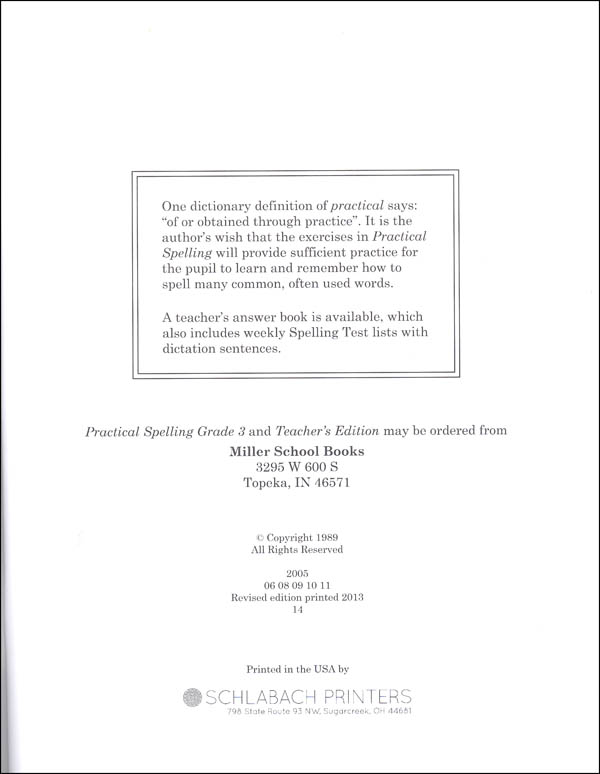 Practical Spelling Workbook Grade 3 Miller School Books