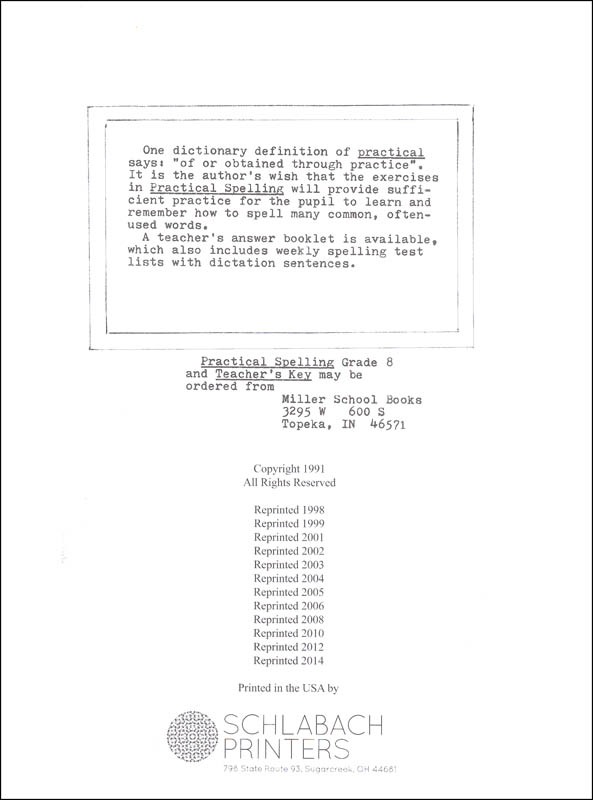 Practical Spelling Workbook Grade 8 Miller School Books