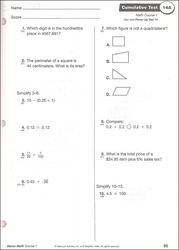 Saxon Math Course 1 Assessments | Saxon Publishers | 9781591418115