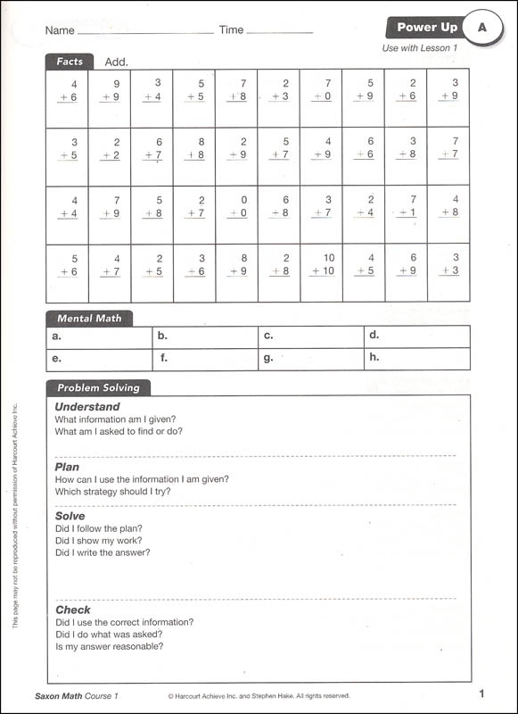 Saxon Math Course 1 PowerUp Workbook Saxon Publishers 9781591418238