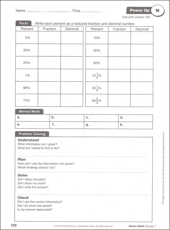 Saxon Math Course 1 PowerUp Workbook Saxon Publishers 9781591418238