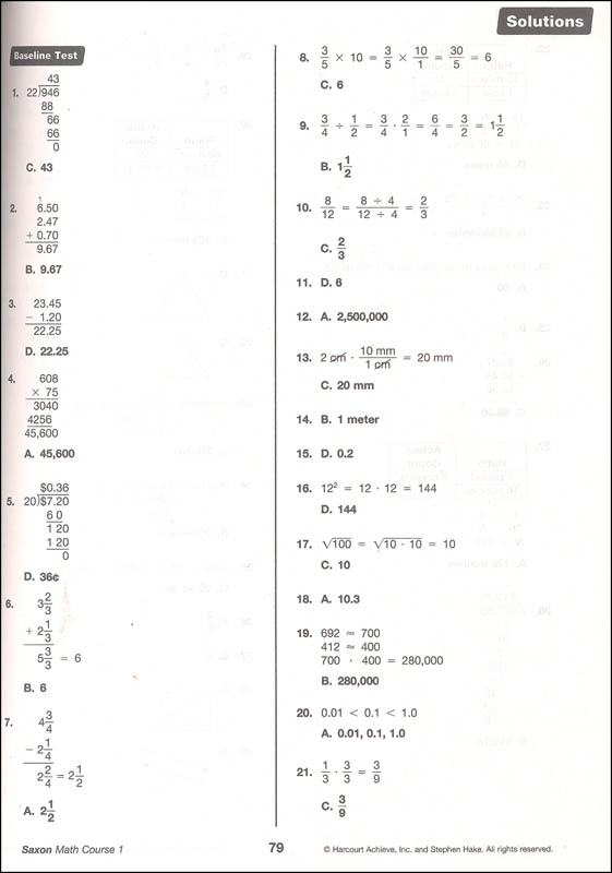 Saxon Math Course 1 Solutions Manual Saxon Publishers 9781591418177