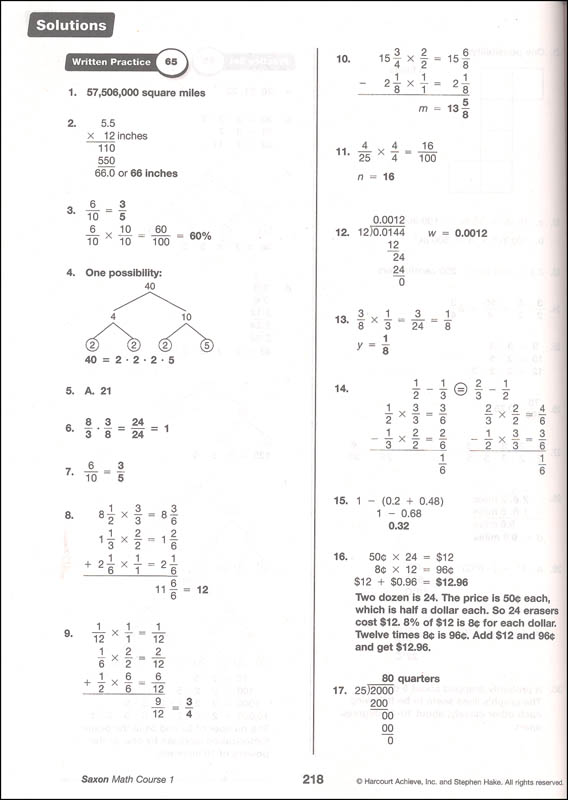 Saxon Math Course 1 Solutions Manual Saxon Publishers 9781591418177