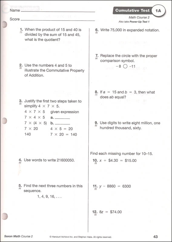 Saxon algebra 1 tests