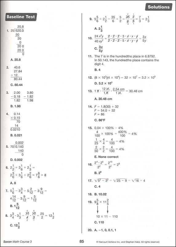Saxon Math Course 3 Solutions Manual Saxon Publishers 9781591419167
