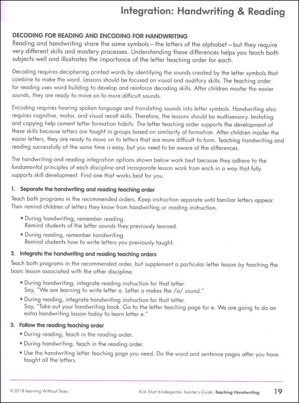 Kick Start Kindergarten Teacher's Guide Handwriting Without Tears