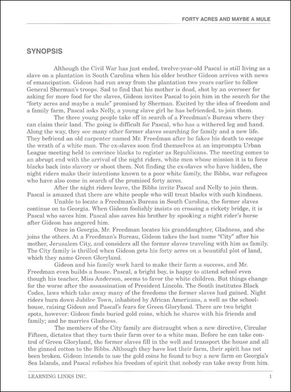 Forty Acres and Maybe a Mule NovelTies Study Guide Learning Links