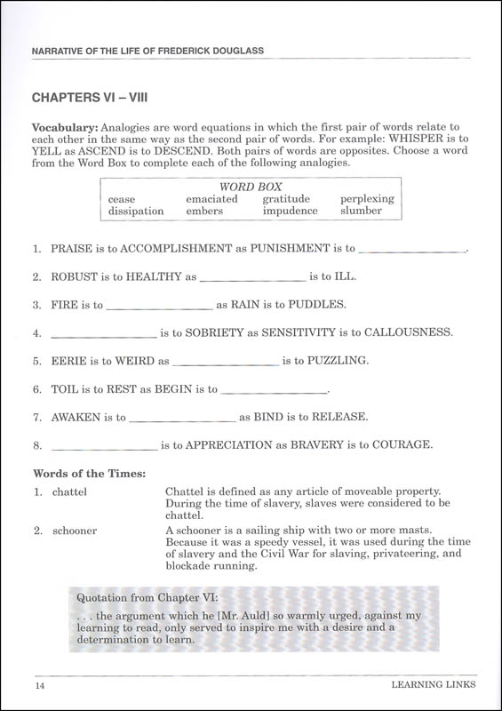 Narrative Of The Life Of Frederick Douglass Novel Ties Study Guide Learning Links 9780767500166