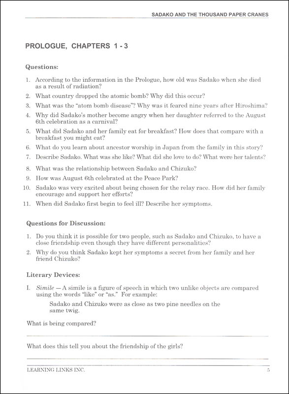 Sadako And The Thousand Paper Cranes Novel Ties Study Guide Learning Links 9780881220629