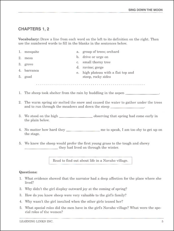 Sing Down the Moon Novel-Ties Study Guide | Learning Links | 9780881220919