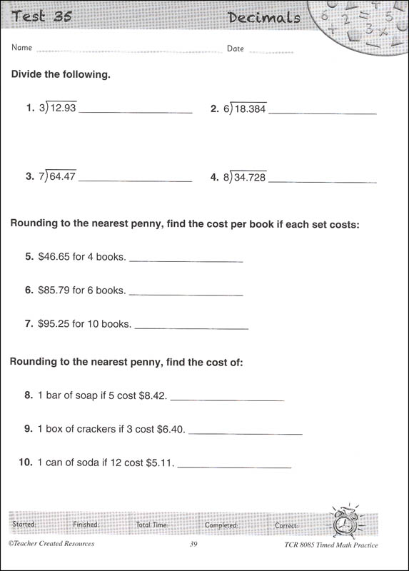 Minutes to Mastery: Timed Math Practice - Grade 6 | Teacher Created ...